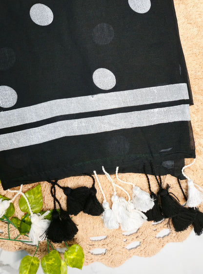 Elegant Black Mul Cotton Saree with Silver Polka Dots & Contrast Tassel Pallu