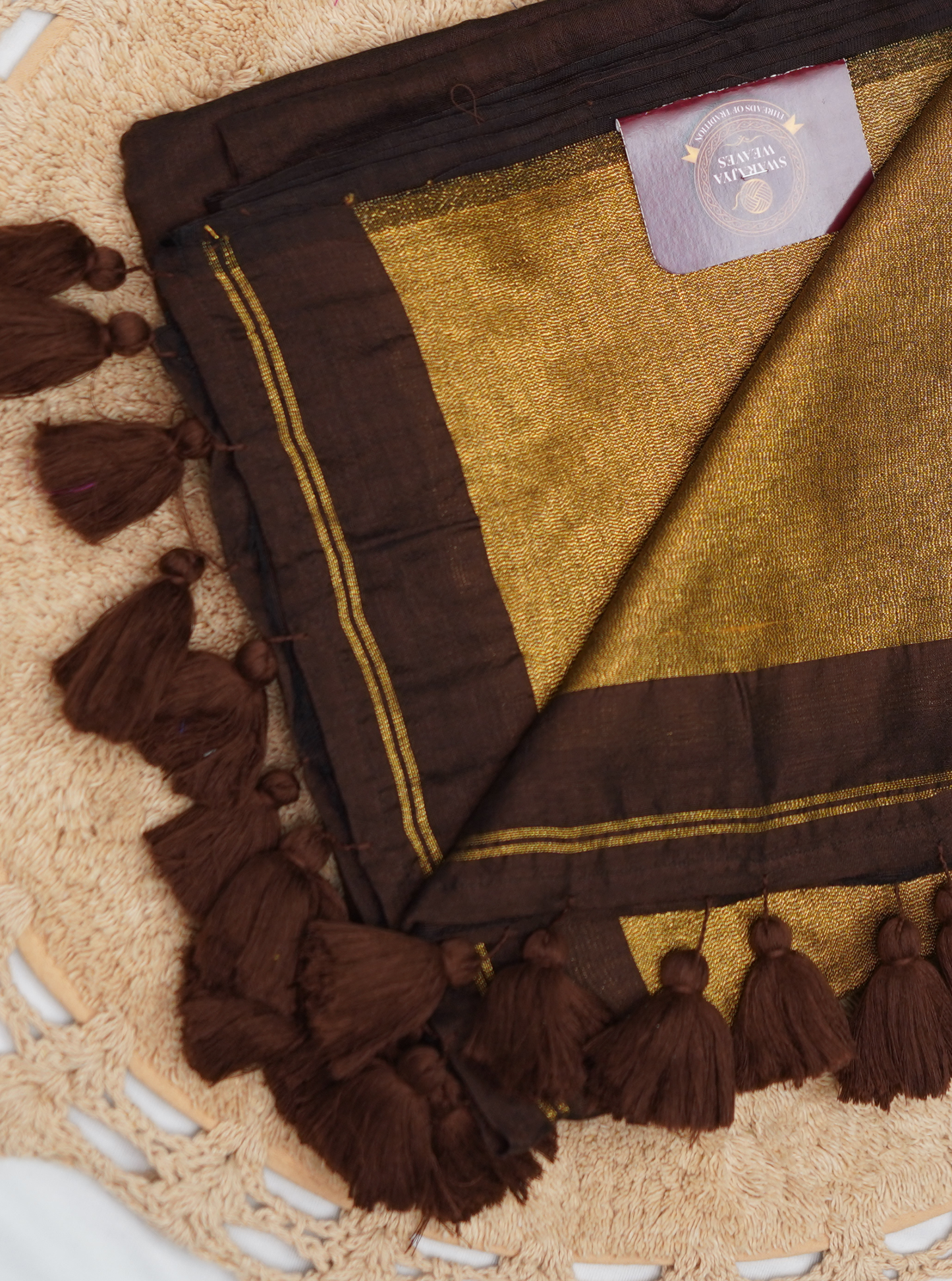 Chocolate Brown Mul Cotton Saree with Rich Gold Pallu & Tassels