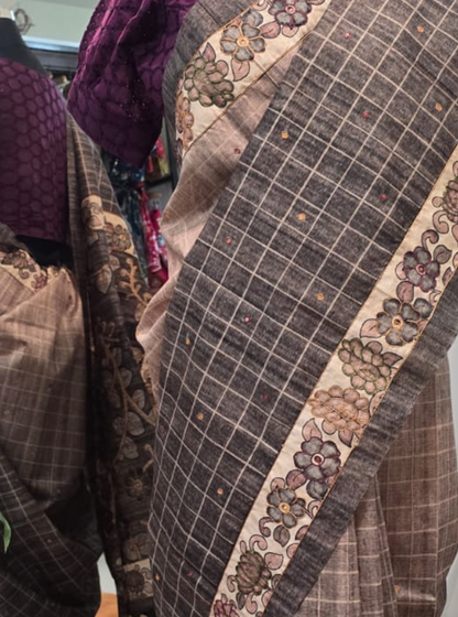 Brown Tussar Saree with Kantha Work & Floral Border Design
