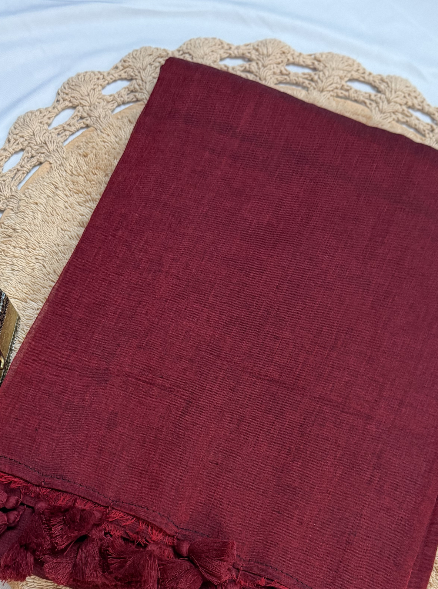 Classic Maroon Mul Cotton Saree with Tassel Pallu