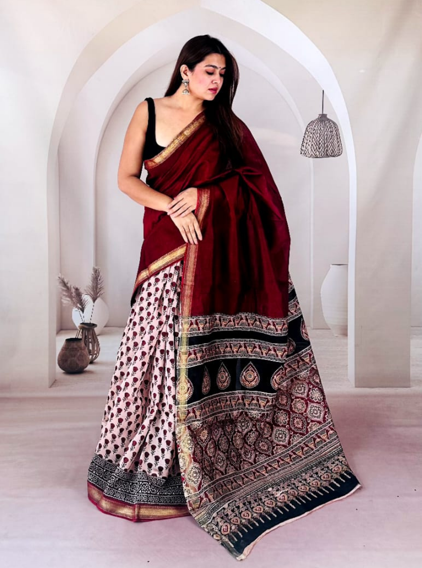 Maroon & Ivory Maheshwari Silk Saree with Traditional Printed Pallu