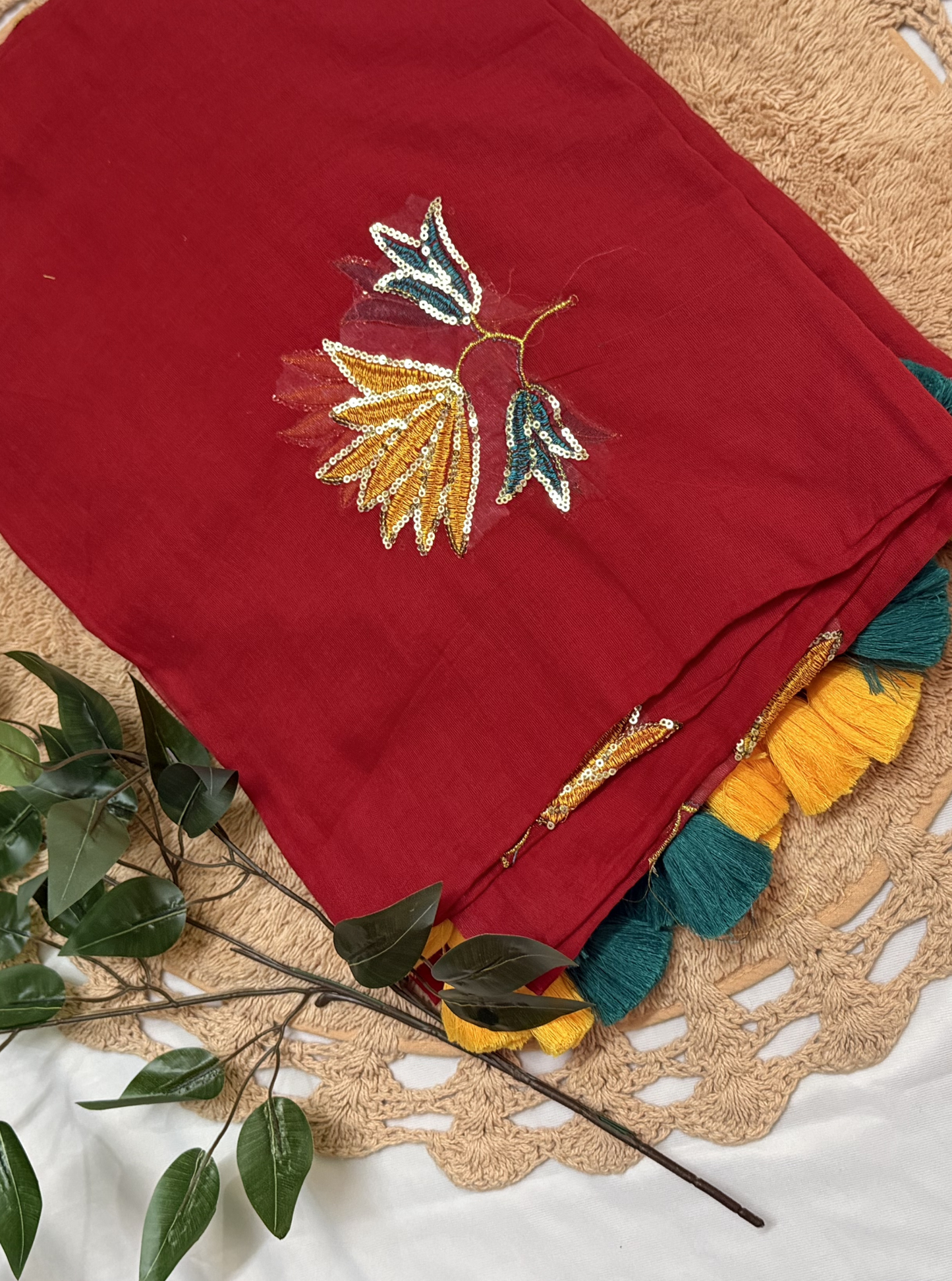 Elegant Red Mul Cotton Saree with Designer Embroidery & Contrast Tassels