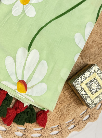 Mint Green Mul Cotton Saree with White Floral Hand-Painted Design
