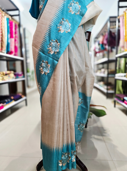 Elegant Beige & Teal Tussar Silk Saree with Floral Embroidery