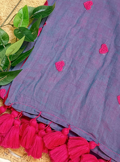 Twilight Purple Mul Cotton Saree with Pink Heart Motifs & Tassels