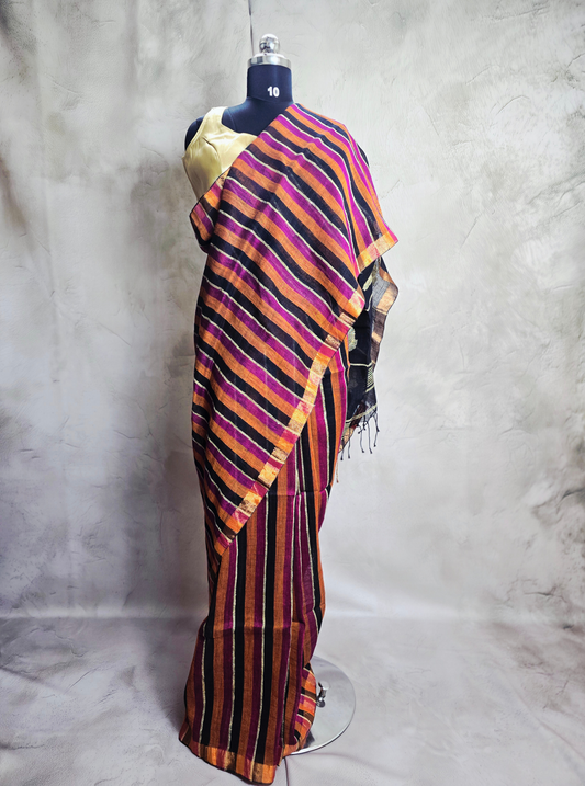 Bold Striped Linen Cotton Saree in Multicolor Tones