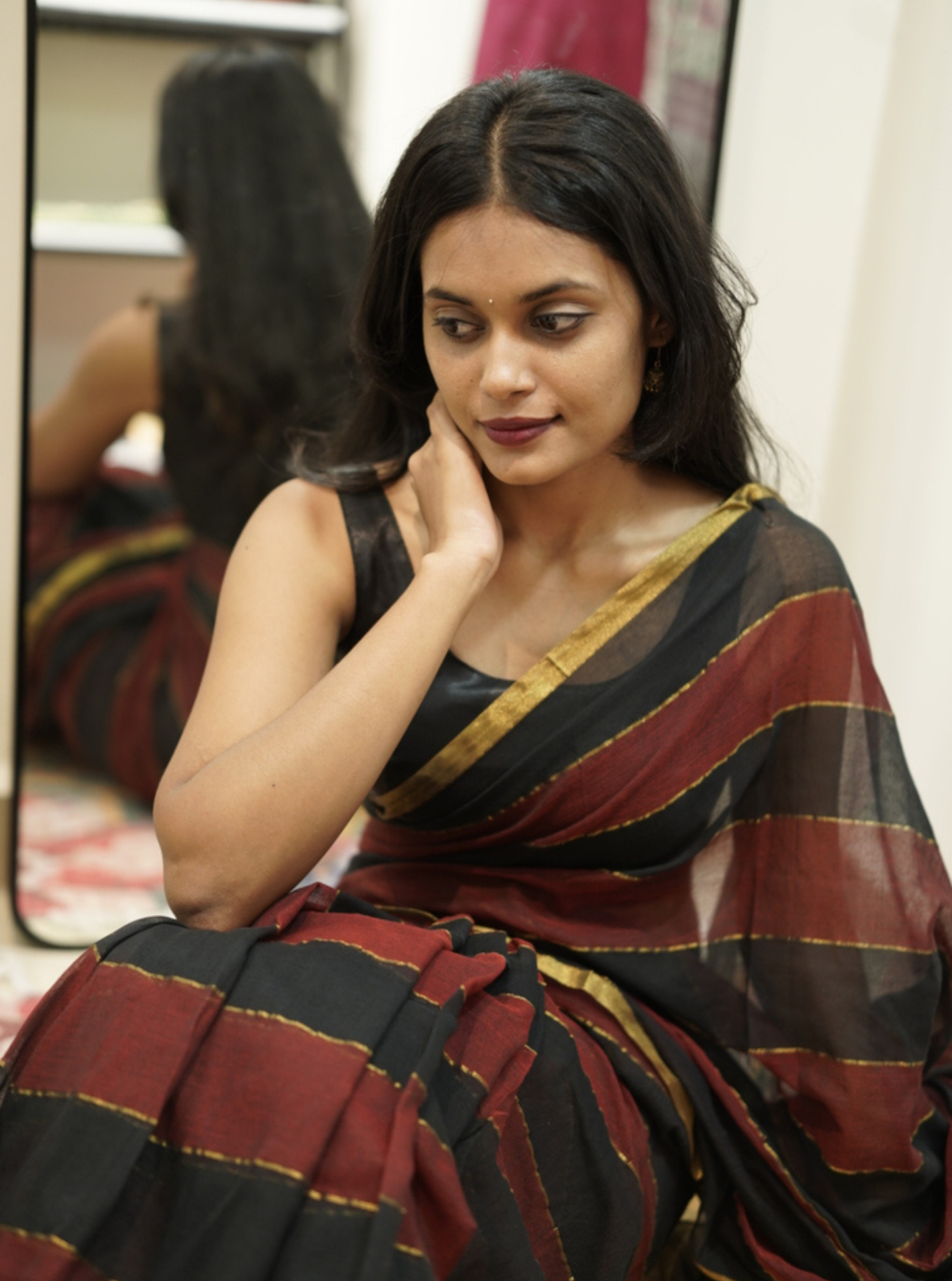 Black & Maroon Striped Mul Cotton Saree with Subtle Gold Border