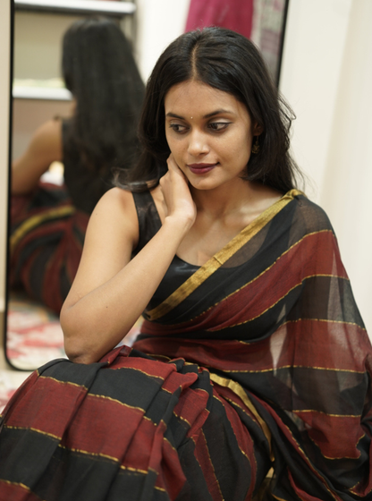 Black & Maroon Striped Mul Cotton Saree with Subtle Gold Border