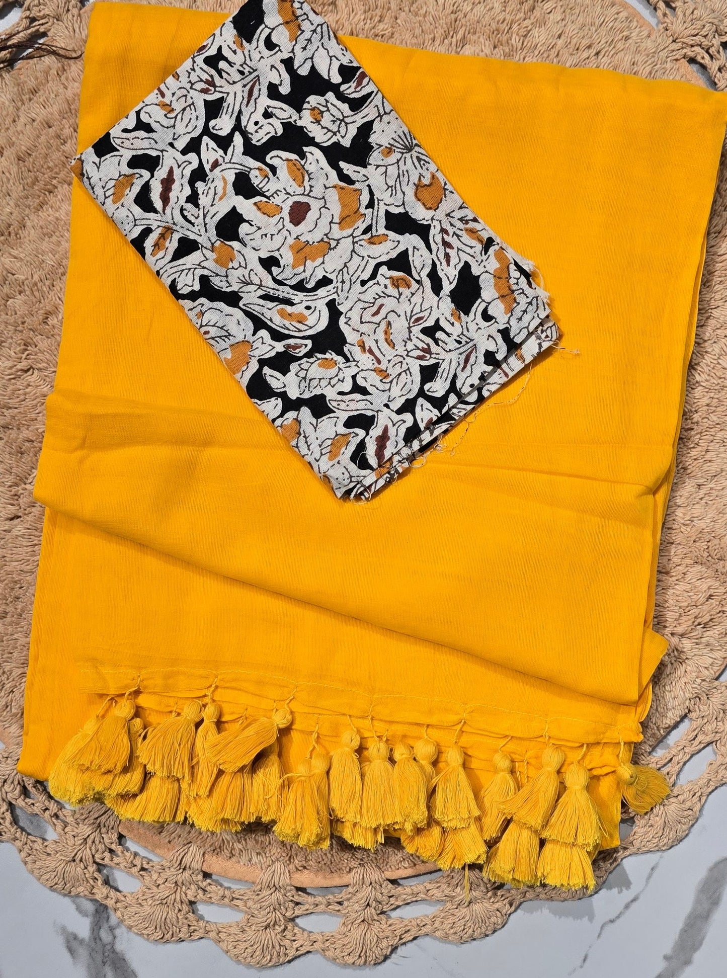 Mustard Yellow Mul Cotton Saree with Tasselled Pallu & Floral Printed Blouse