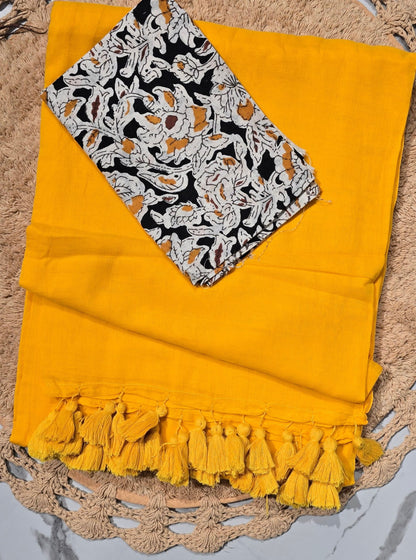 Mustard Yellow Mul Cotton Saree with Tasselled Pallu & Floral Printed Blouse