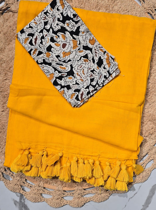Mustard Yellow Mul Cotton Saree with Tasselled Pallu & Floral Printed Blouse