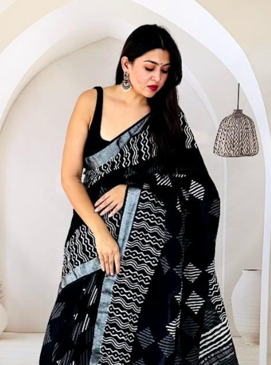 Classic Black Hand-Printed Linen Cotton Saree with Geometric & Wave Motifs