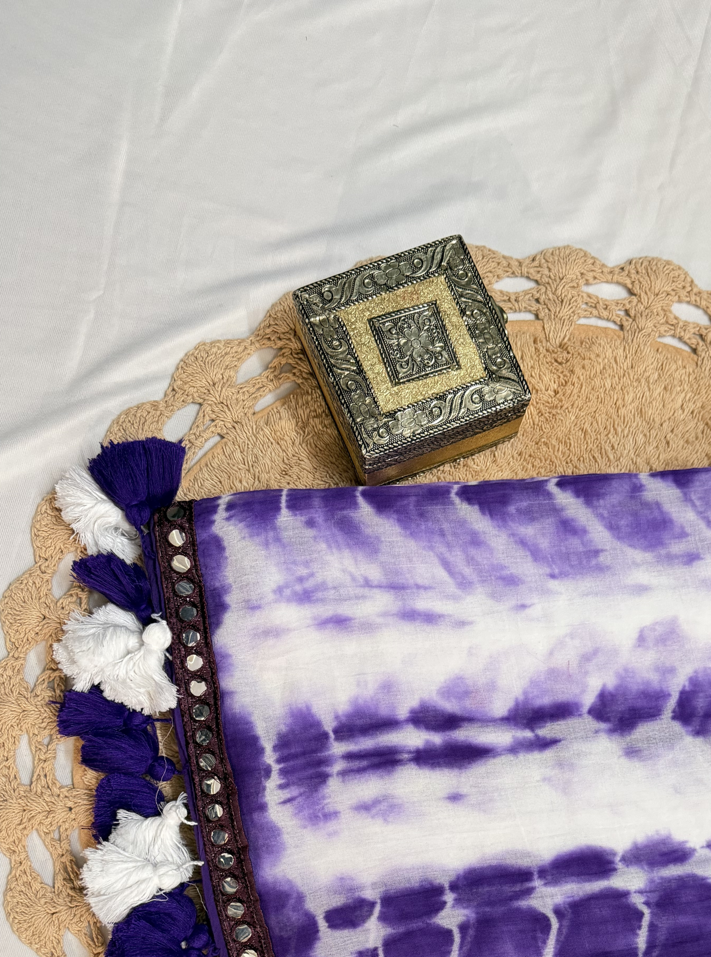 Purple Tie-Dye Mul Cotton Saree with Mirror Work Border