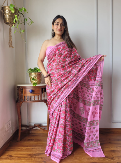 Elegant Pink Bagru Print Cotton Saree with Floral Allover Design