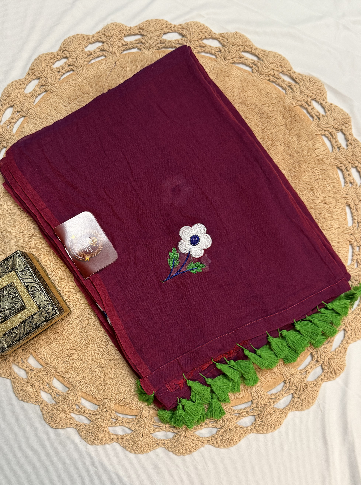 Wine Mul Cotton Saree with Floral Embroidery & Green Tassels