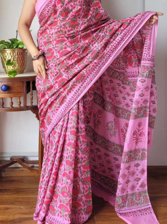 Elegant Pink Bagru Print Cotton Saree with Floral Allover Design