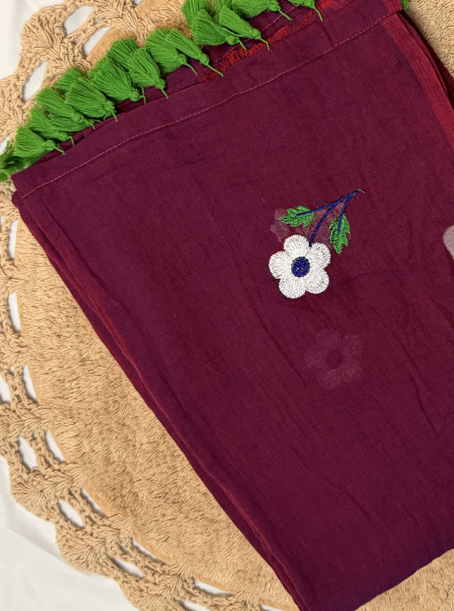 Wine Mul Cotton Saree with Floral Embroidery & Green Tassels