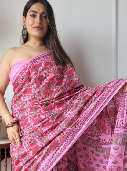 Elegant Pink Bagru Print Cotton Saree with Floral Allover Design