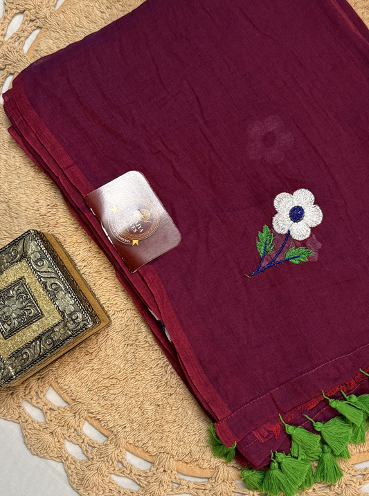 Wine Mul Cotton Saree with Floral Embroidery & Green Tassels