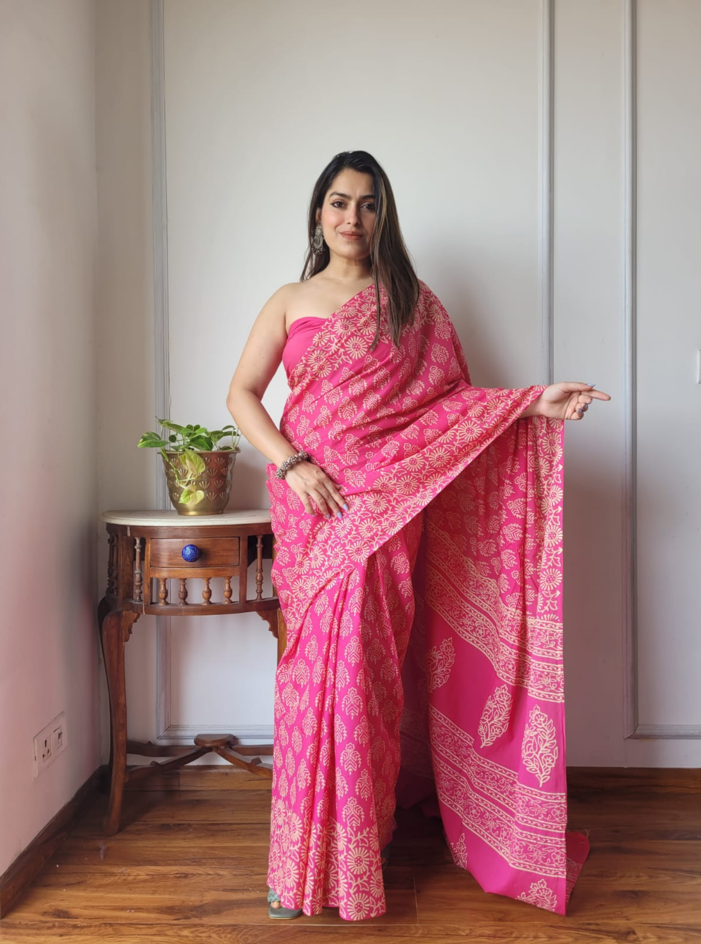 Bright Pink Bagru Print Cotton Saree with Floral Motifs
