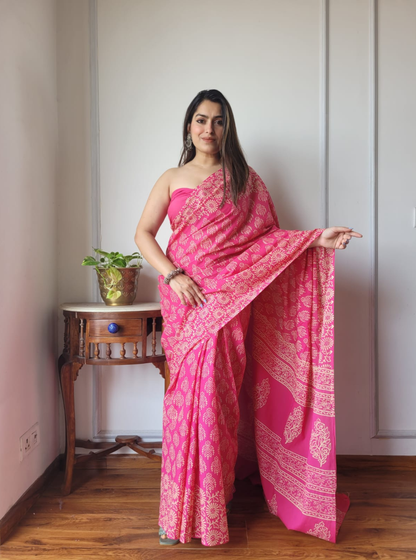 Bright Pink Bagru Print Cotton Saree with Floral Motifs
