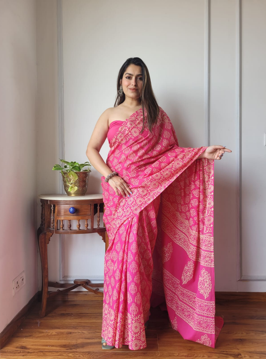Bright Pink Bagru Print Cotton Saree with Floral Motifs