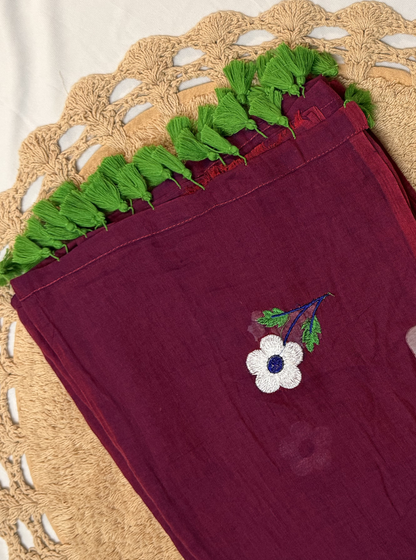 Wine Mul Cotton Saree with Floral Embroidery & Green Tassels