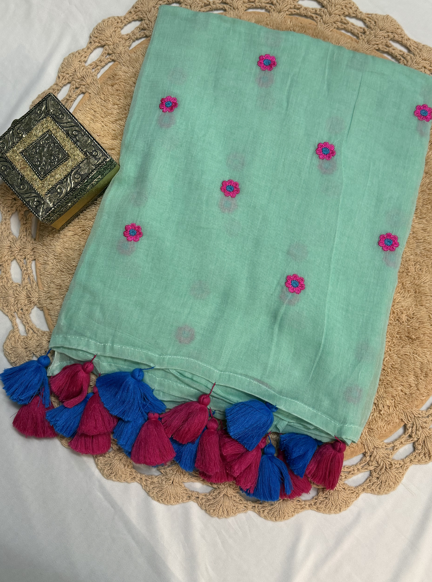 Mint Green Mul Cotton Saree with Floral Motifs & Contrast Tassels
