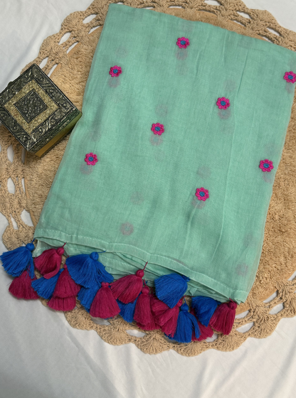 Mint Green Mul Cotton Saree with Floral Motifs & Contrast Tassels