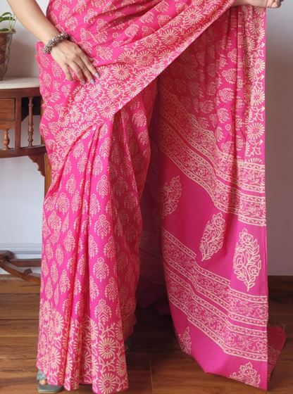 Bright Pink Bagru Print Cotton Saree with Floral Motifs