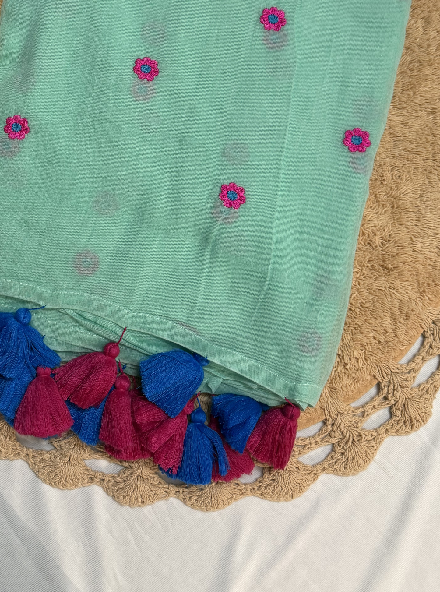 Mint Green Mul Cotton Saree with Floral Motifs & Contrast Tassels