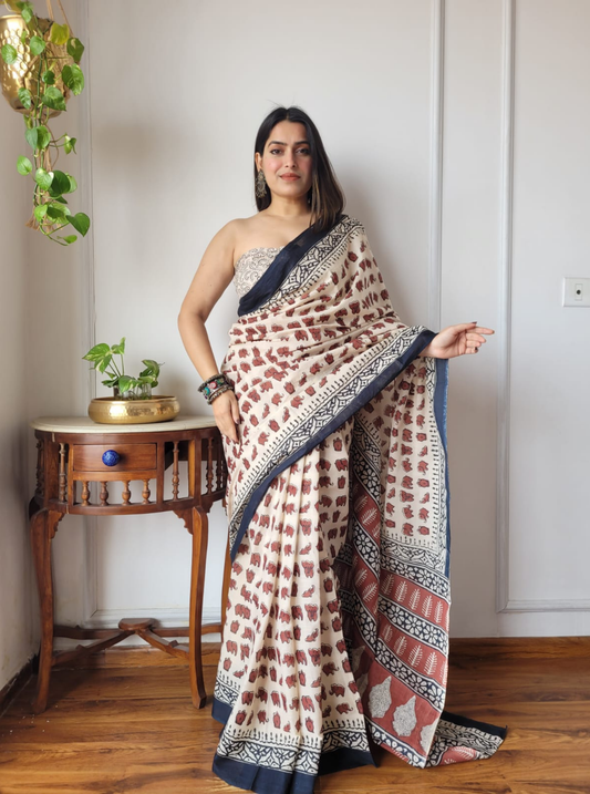 Beige Bagru Print Cotton Saree with Traditional Elephant Motifs
