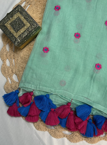 Mint Green Mul Cotton Saree with Floral Motifs & Contrast Tassels