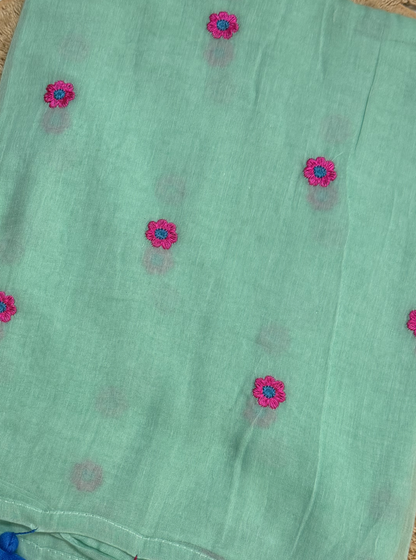 Mint Green Mul Cotton Saree with Floral Motifs & Contrast Tassels