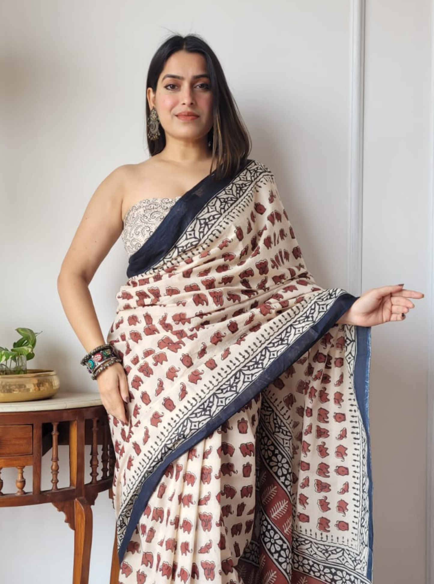 Beige Bagru Print Cotton Saree with Traditional Elephant Motifs
