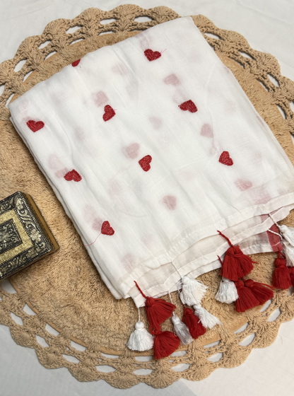 Off-White Mul Cotton Saree with Red Heart Motifs & Tassels