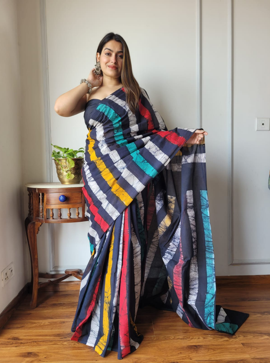 Multicolor Striped Bagru Print Cotton Saree with Contemporary Blocks