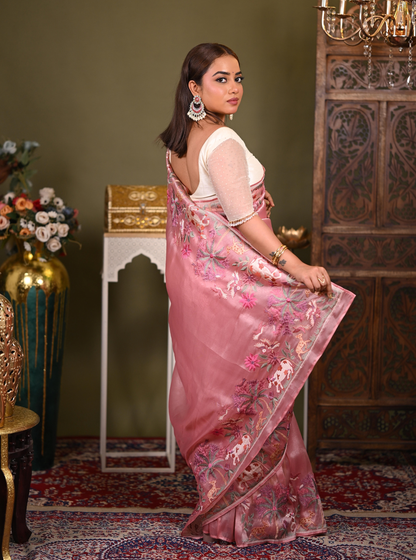 Elegant Pink Tissue Silk Saree with Floral Embroidery Border