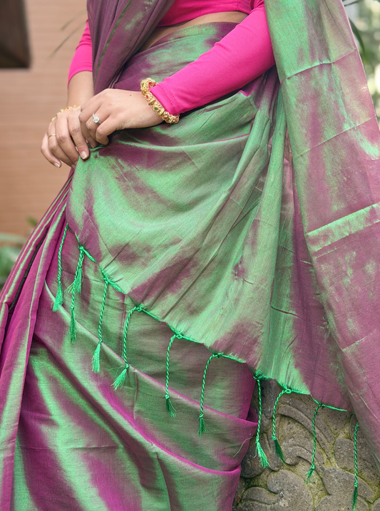 Rose Pink & Aqua Tissue Cotton Saree with Subtle Sheen