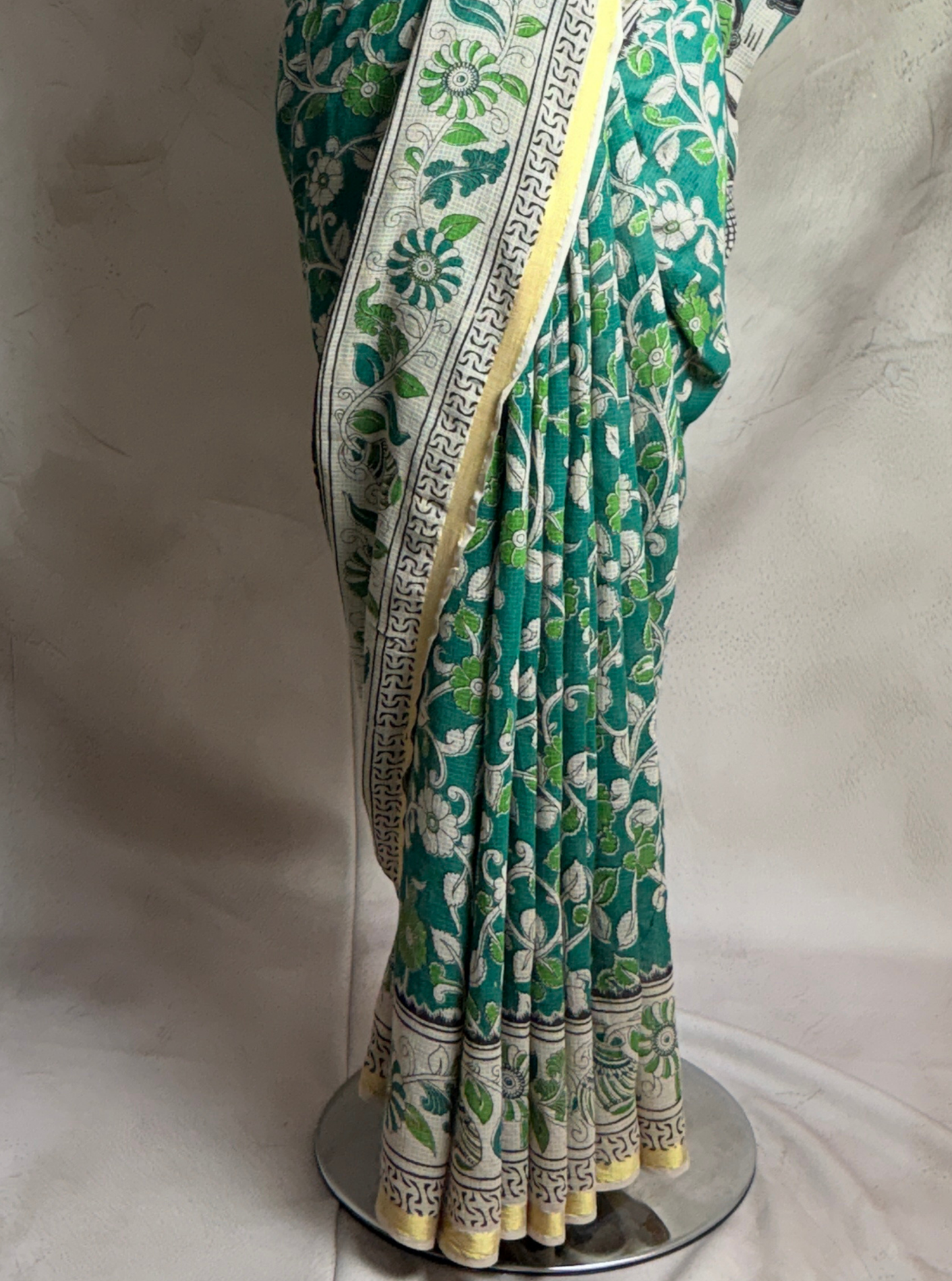 Emerald Green Kota Cotton Saree with Floral Vine Motifs & Ivory Border