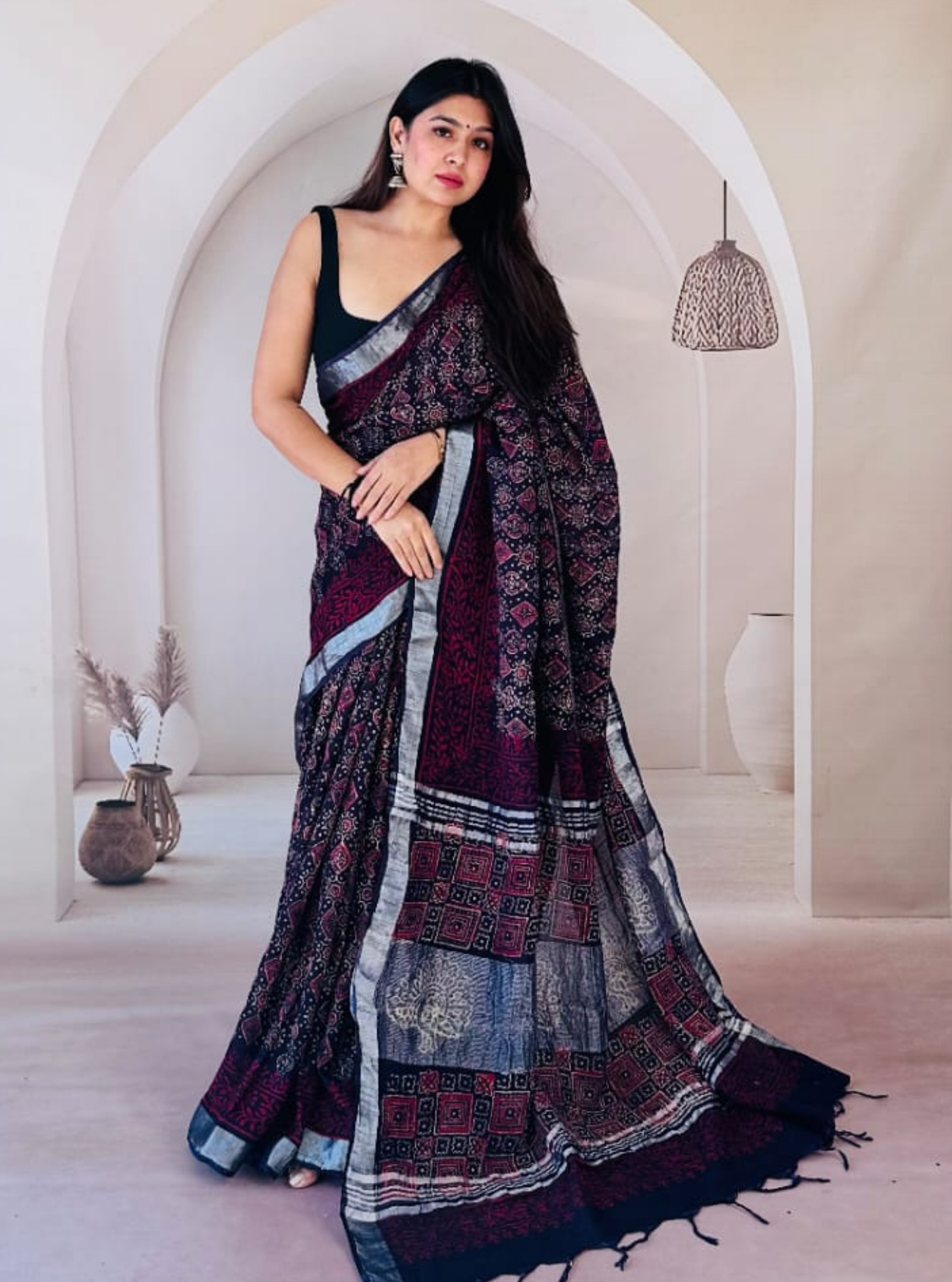 Black & Wine Cotton Linen Saree with Ethnic Geometric Prints