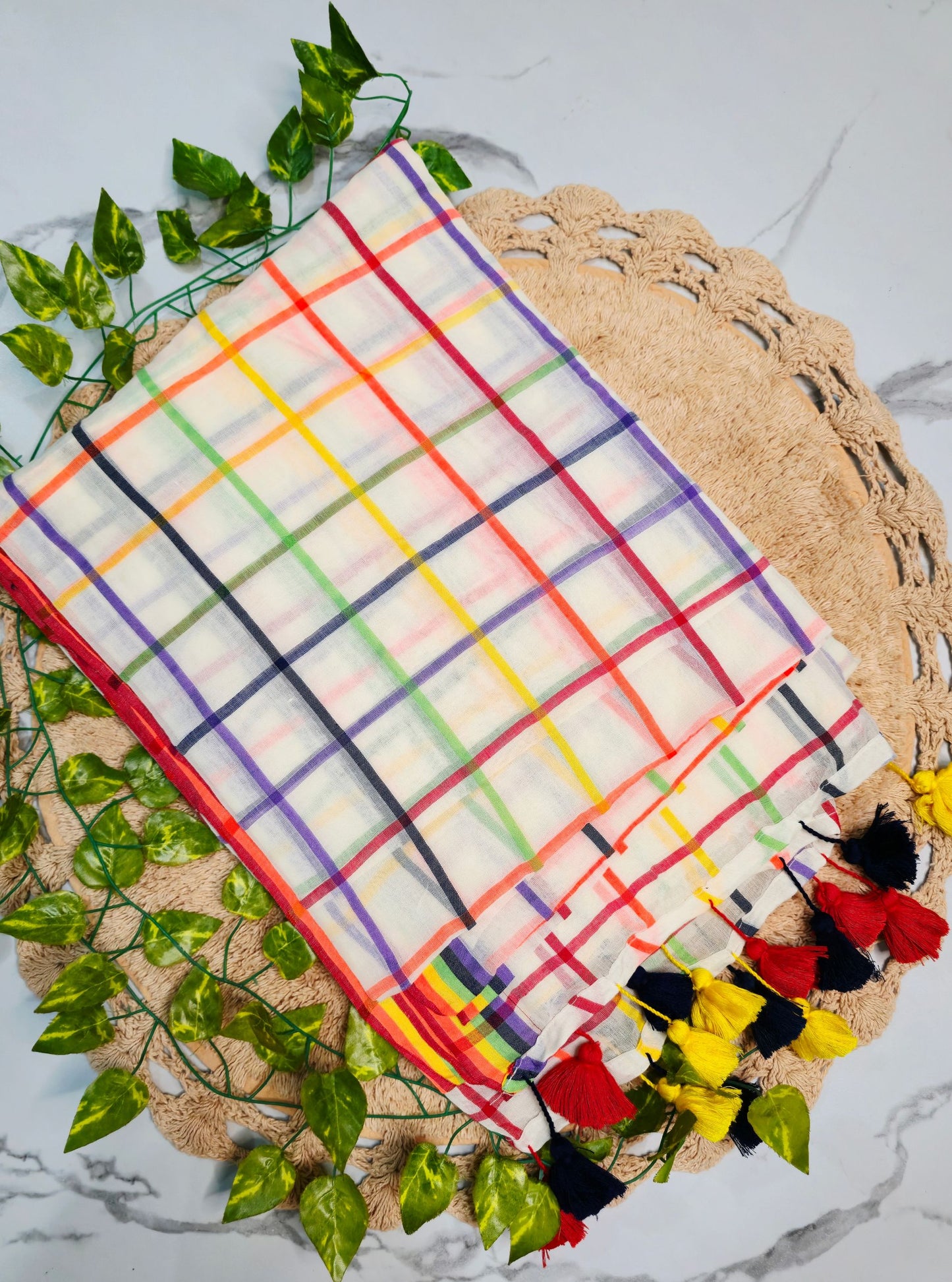 Ivory Mul Cotton Saree with Multicolor Checks & Contrast Tassels