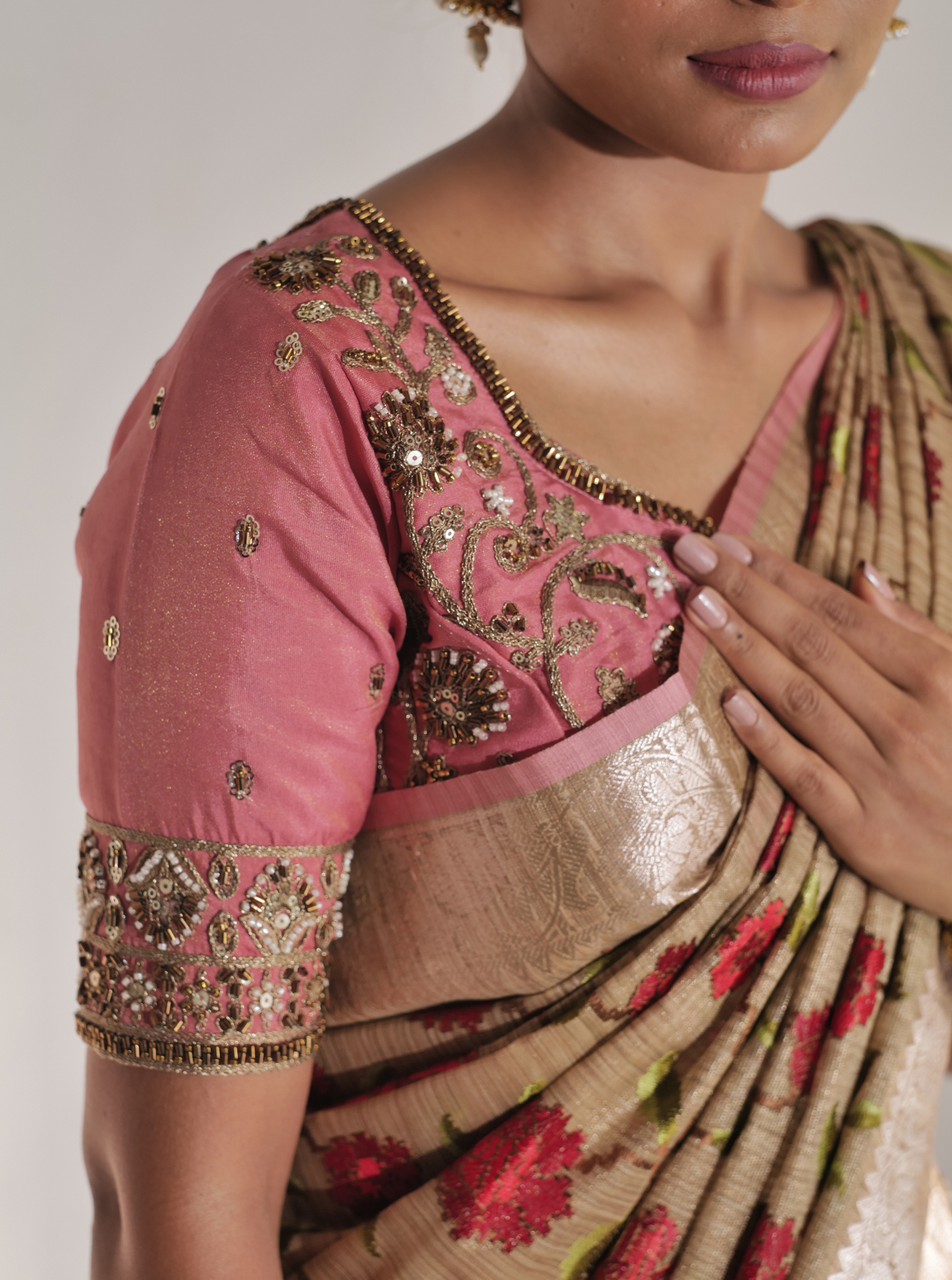 Beige Pink Matka Silk Tissue Saree with Floral Embroidery