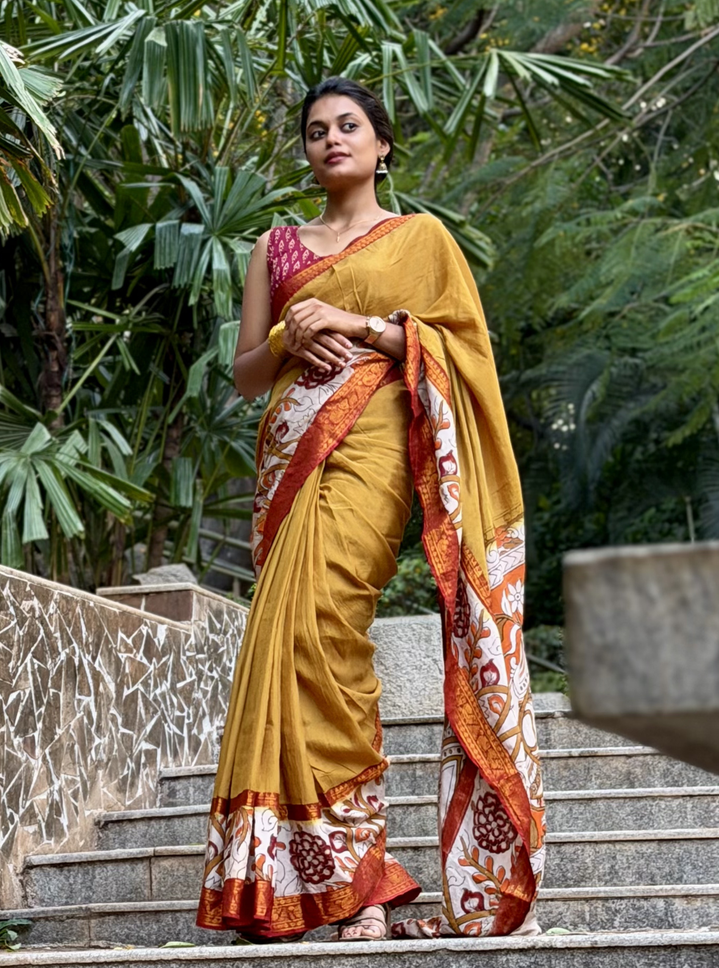 Mustard Kalamkari Mangalagiri Silk Saree with Artistic Pallu