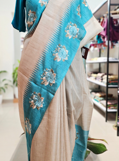 Elegant Beige & Teal Tussar Silk Saree with Floral Embroidery
