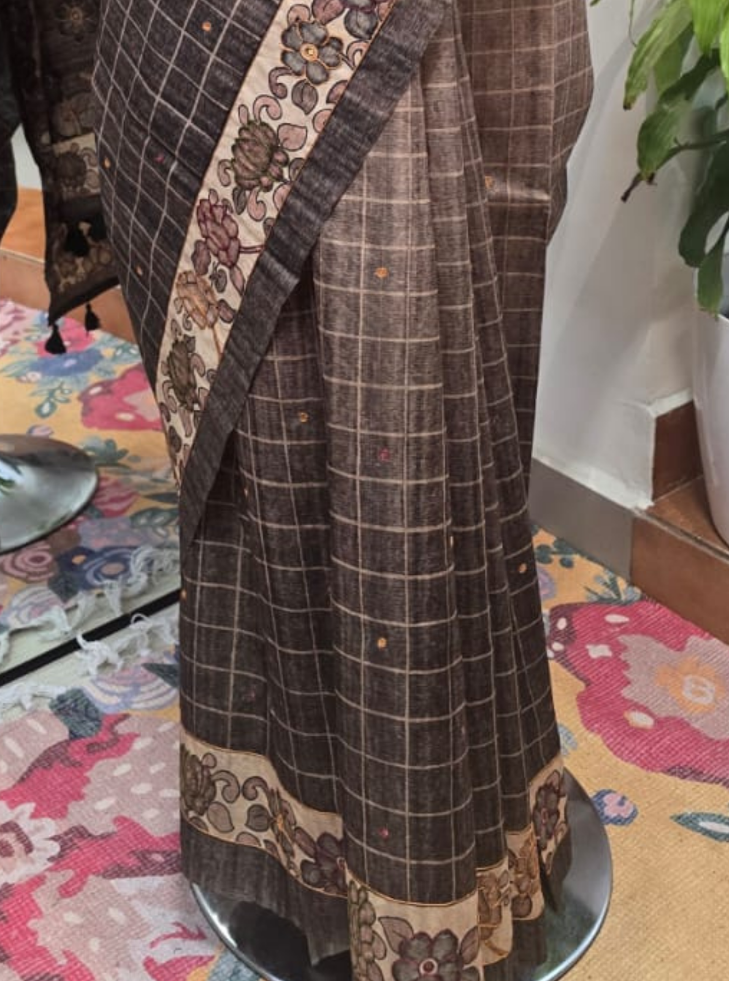 Brown Tussar Saree with Kantha Work & Floral Border Design