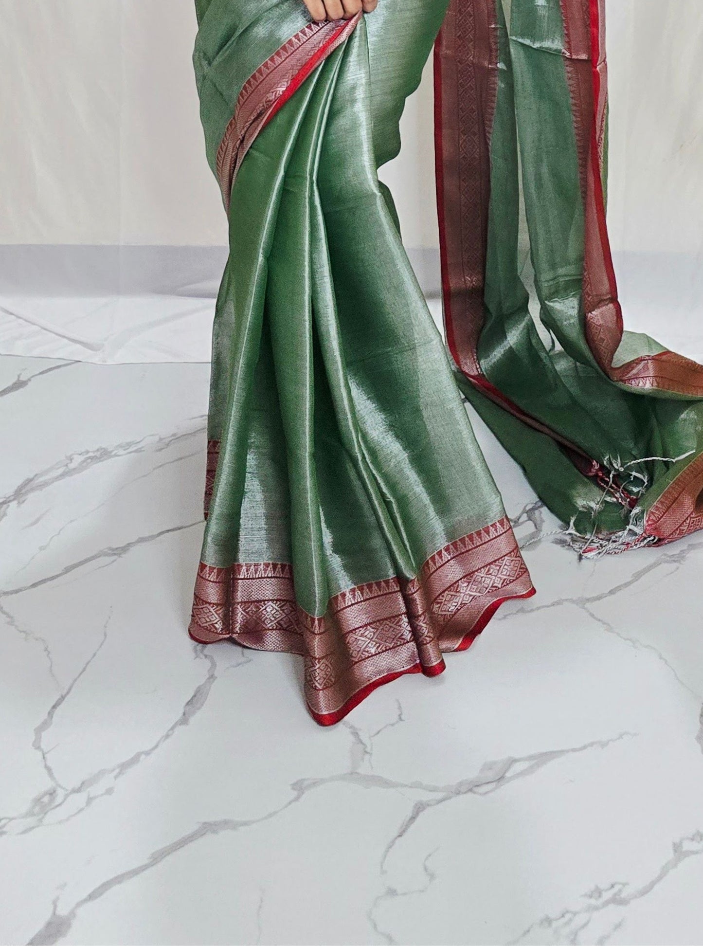 Sage Green Tissue Cotton Saree with Rose Gold Border & Subtle Sheen