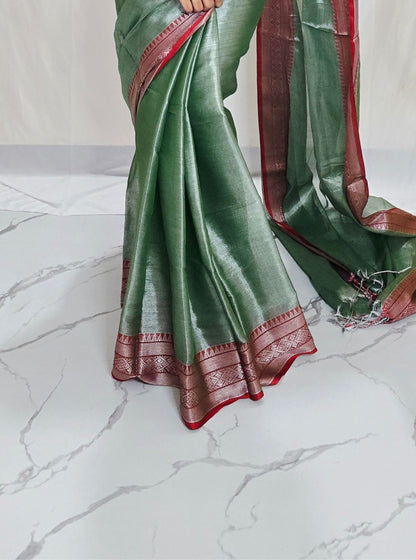 Sage Green Tissue Cotton Saree with Rose Gold Border & Subtle Sheen
