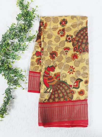 Ivory Chanderi Silk Saree with Peacock Kalamkari Motifs & Red Zari Border