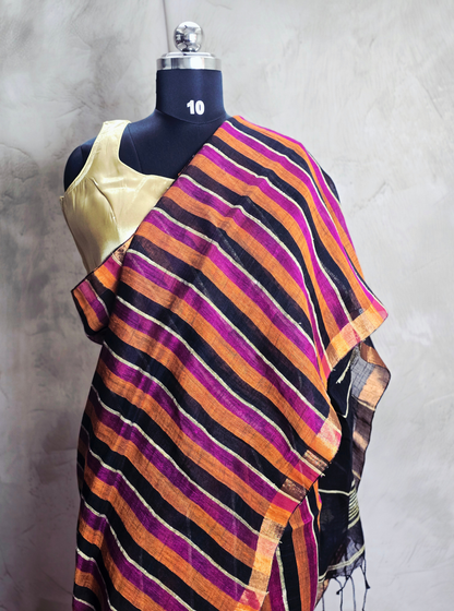 Bold Striped Linen Cotton Saree in Multicolor Tones